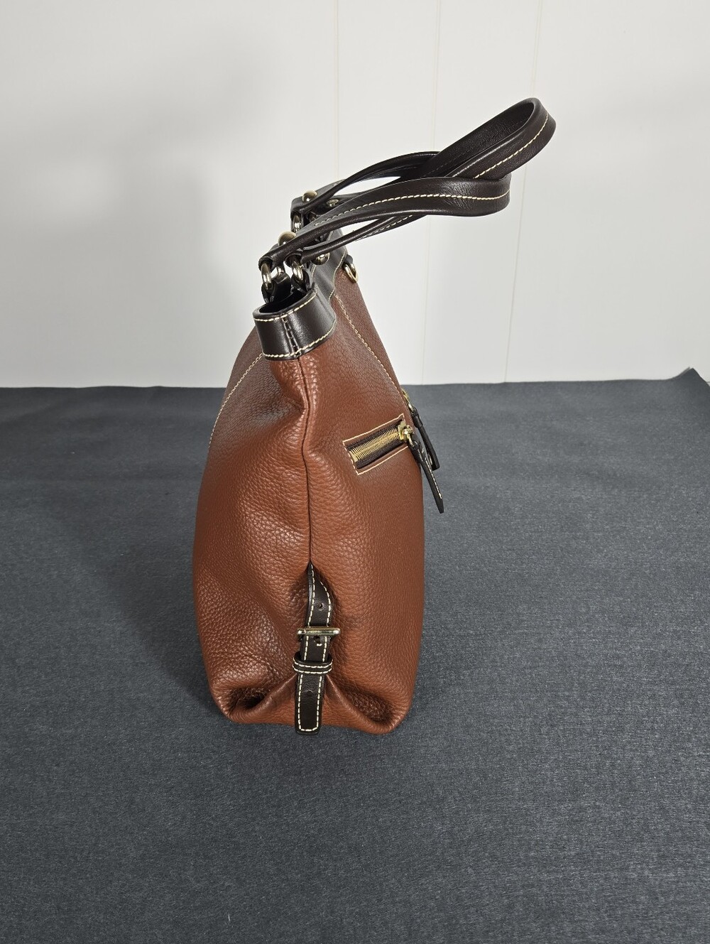 Dooney & Bourke Chestnut Brown Pebbled Leather Tote with Dark Trim - Picture 6 of 12